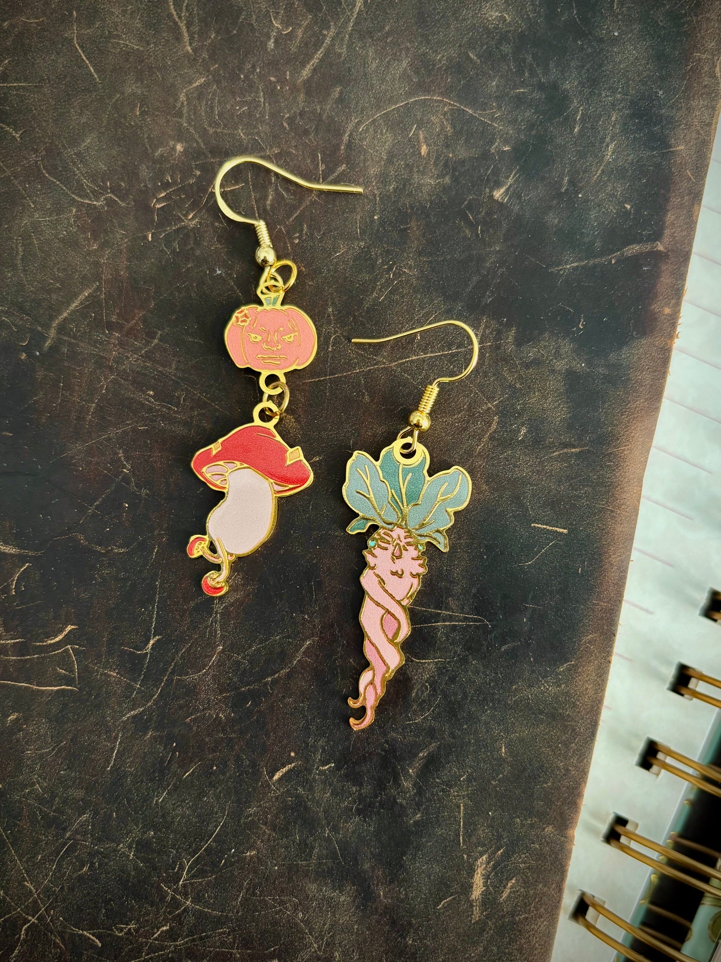 Dungeon Meal inspired | Mushroom/Mandrake/JackOLantern | thin/light double sided enamel earrings