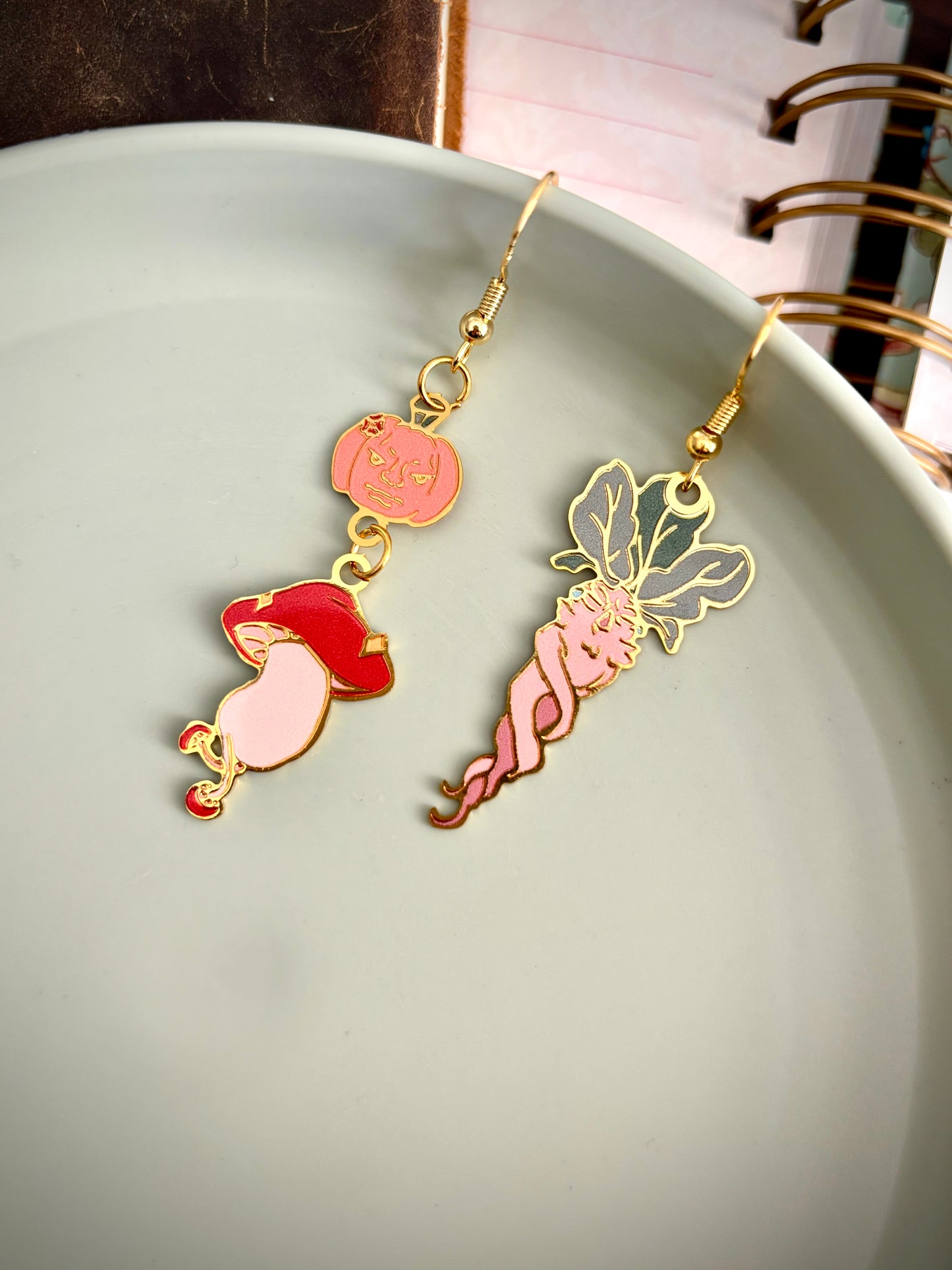 Dungeon Meal inspired | Mushroom/Mandrake/JackOLantern | thin/light double sided enamel earrings