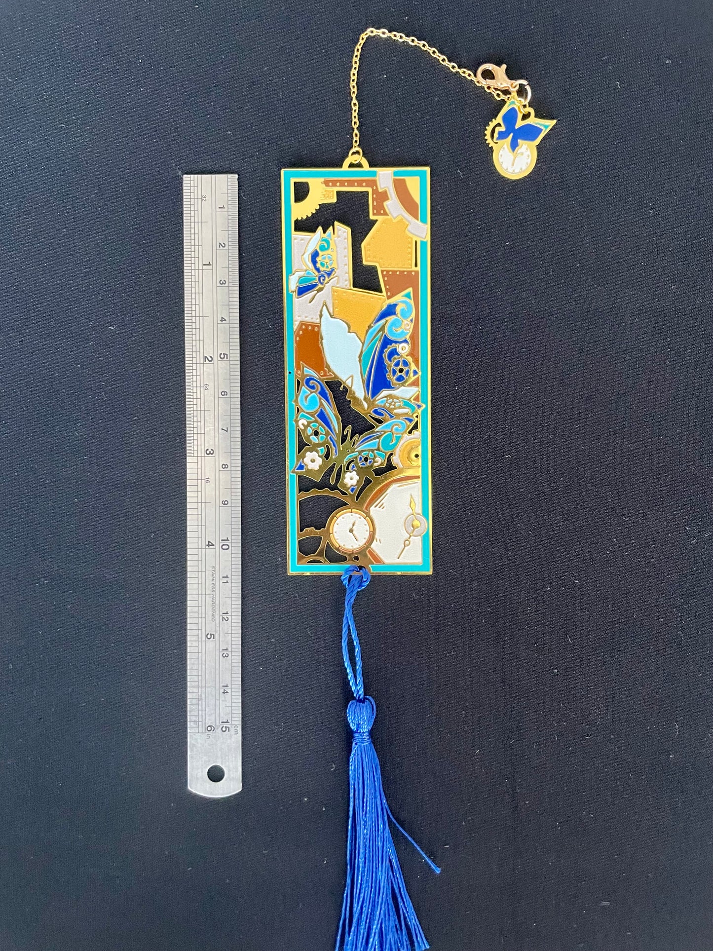 Steam Punk Blue Butterfly Machinery | Original Design | Enamel Bookmark / Charm | 11x4cm