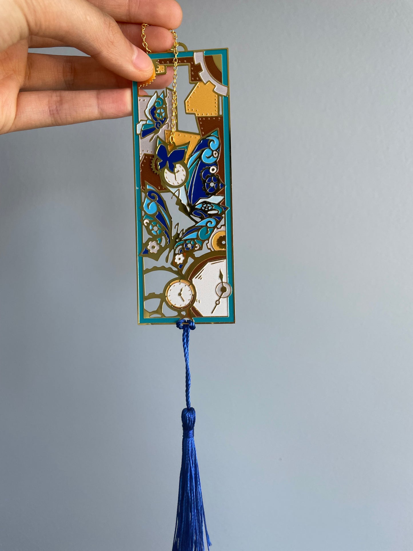 Steam Punk Blue Butterfly Machinery | Original Design | Enamel Bookmark / Charm | 11x4cm