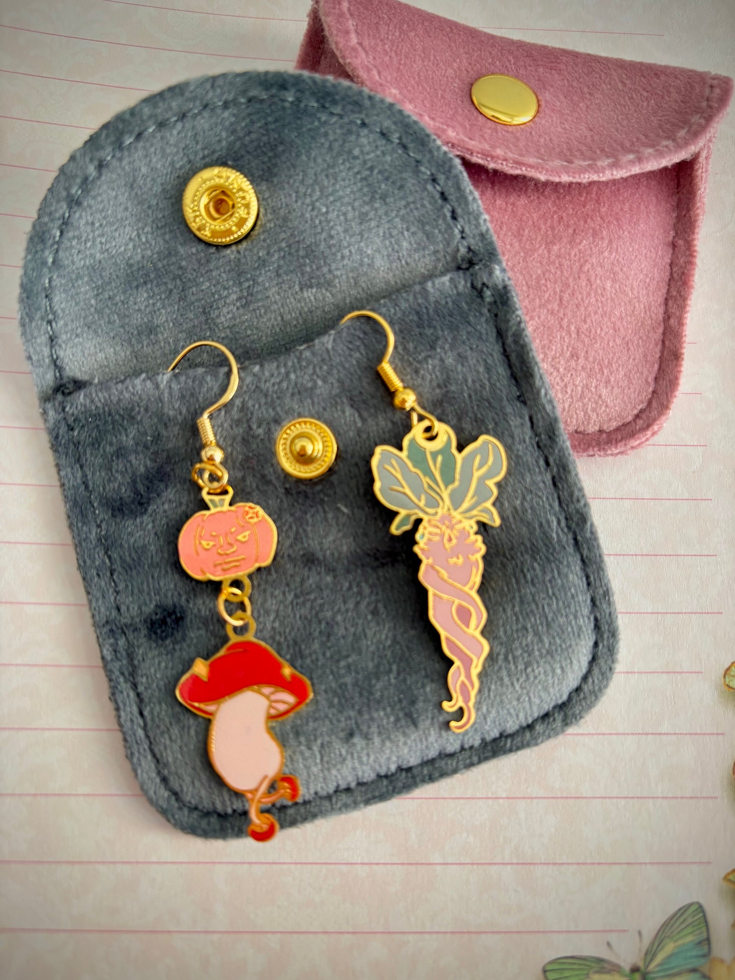 Dungeon Meal inspired | Mushroom/Mandrake/JackOLantern | thin/light double sided enamel earrings