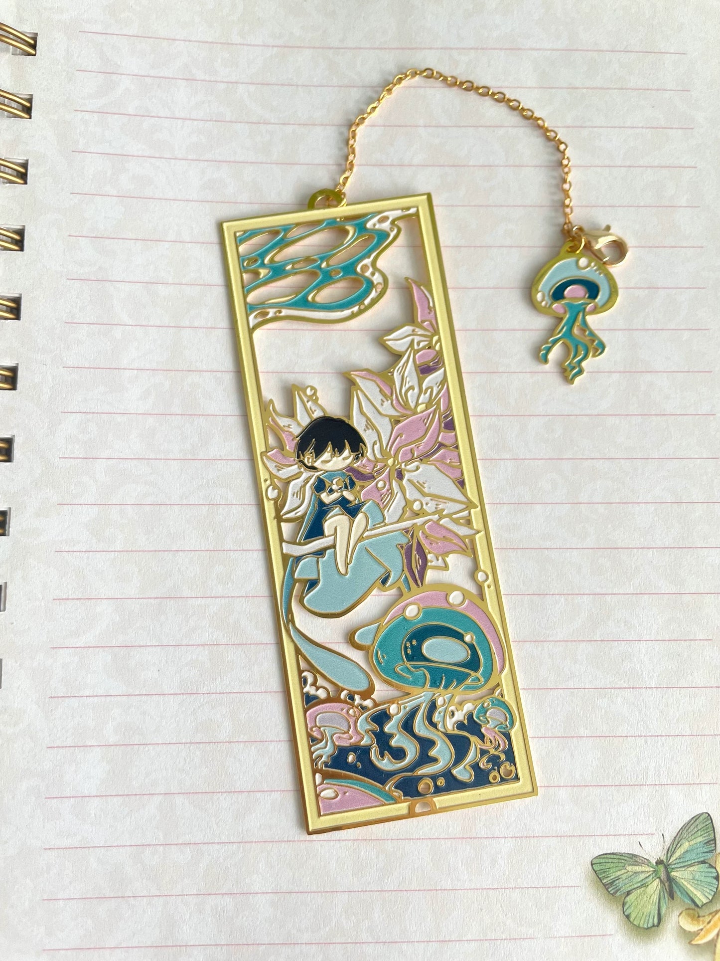 Girl Under The Sea: Jellyfish & Flowers | Original Design | Enamel Bookmark / Charm | 11x4cm